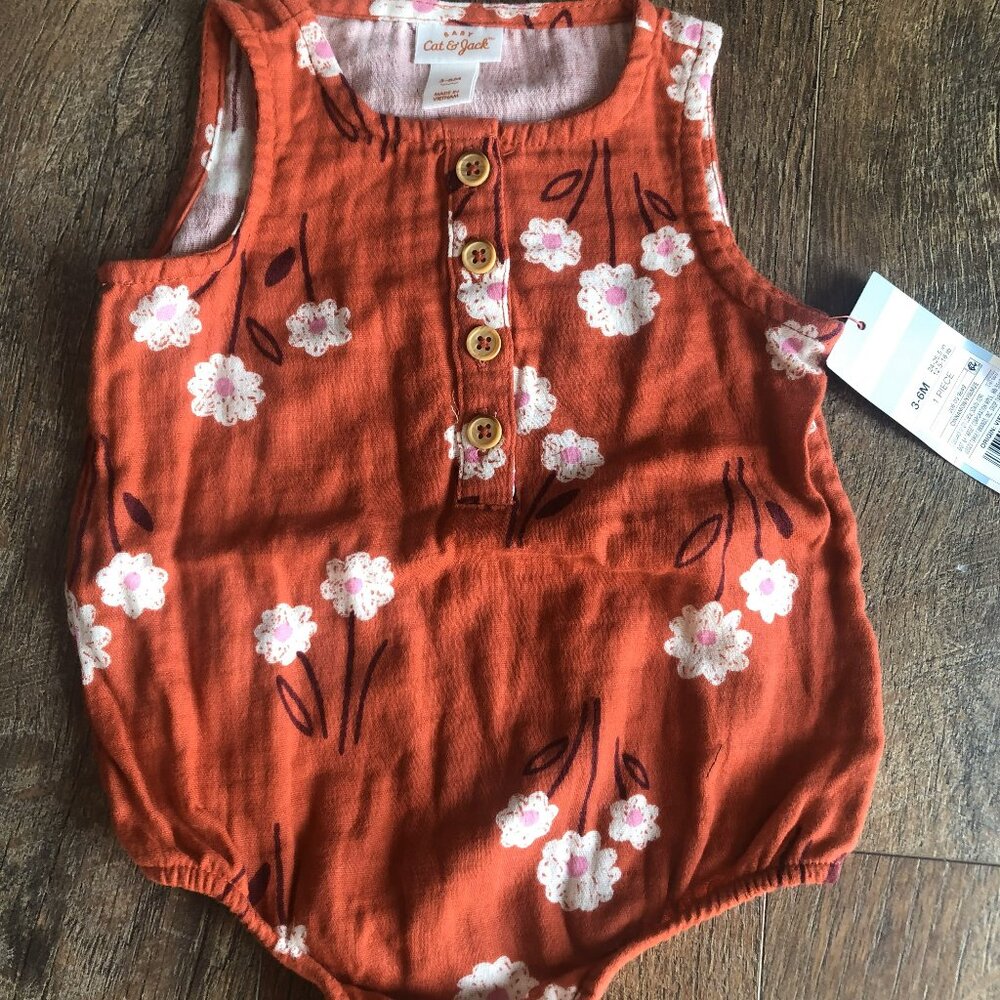 Cat & Jack Baby Girl  Orange Flowered Tank Romper 3 - 6 months